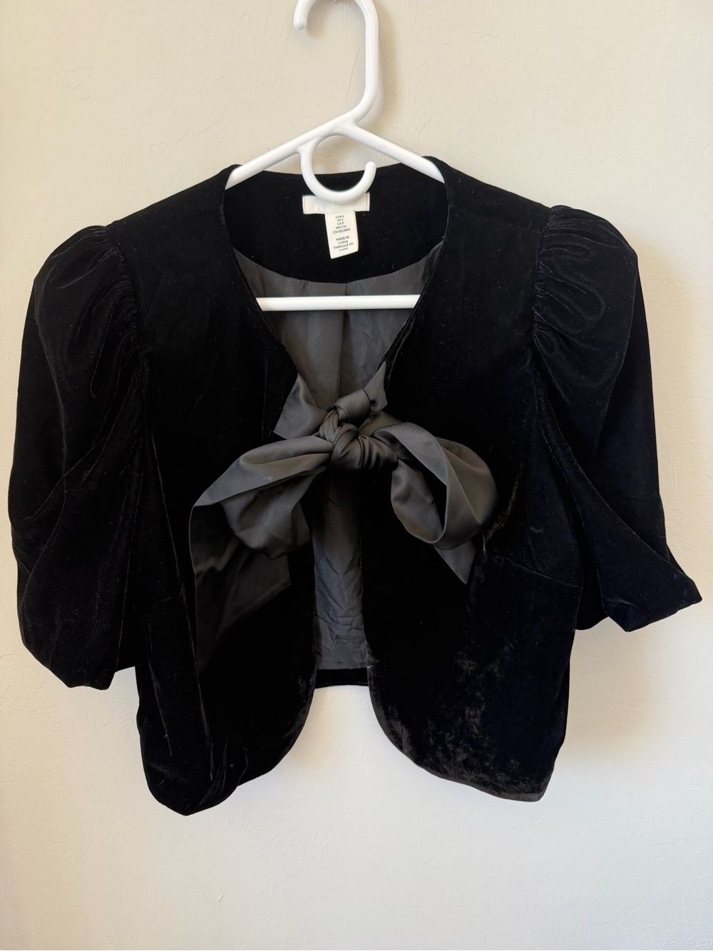 H&M Black Velvet Puff-Sleeve Bow-Tie Open-Front Top
